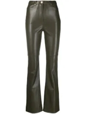 Patrizia Pepe Faux Leather Green Olive High Waist Flared Trousers Size IT 40 /